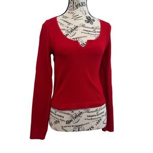 ANWND Women's Size Large Red Ribbed Knit Long Sleeve Notch Neck Top Seamless